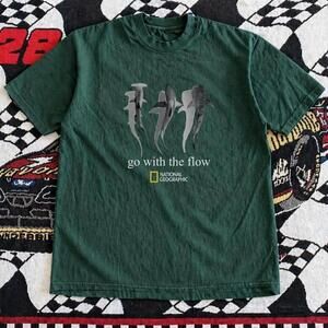 Gildan Green T Shirt Shark _Go With The Flow_ National Geographic Green Tee